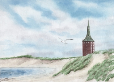 Poster DIN-A4 Aquarell Maritim Kunst Druck Kunstdruck Nordsee Insel Wangerooge Jugendherberge - Leuchtturm - WG3